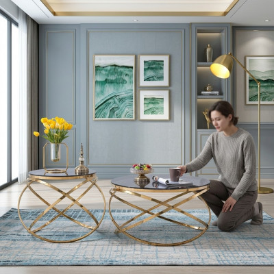 Designer Canapé en acier inoxydable Métal Table en marbre artificiel + Tables d'appoint Canapé 2 pièces.