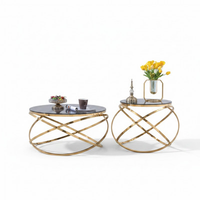 Designer Canapé en acier inoxydable Métal Table en marbre artificiel + Tables d'appoint Canapé 2 pièces.
