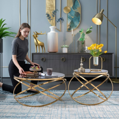 Table d'appoint latérale Tables rondes Canapé rond Métal Faux marbre Designer Luxe