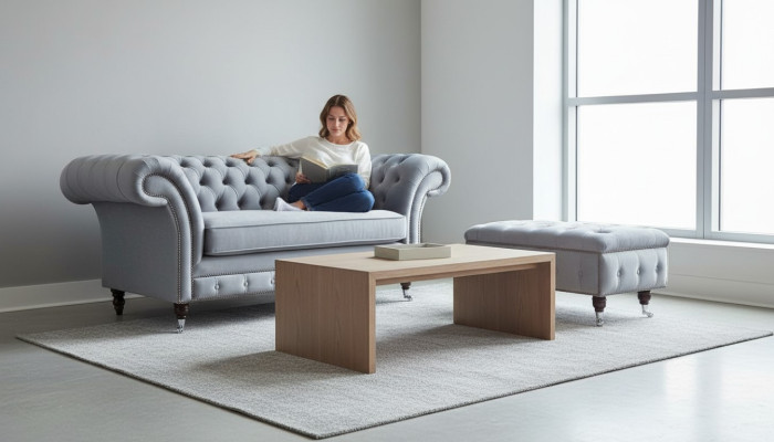 Chesterfield pouf repose-pieds ottoman rembourré relaxant en textile et cuir neuf