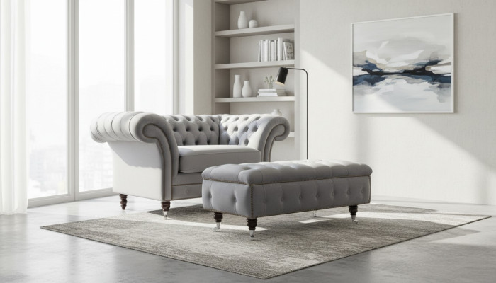 Chesterfield pouf repose-pieds ottoman rembourré relaxant en textile et cuir neuf
