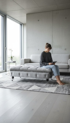 Tabouret XXL Chesterfield en tissu, grand repose-pieds, banc de canapé capitonné en tissu de luxe.