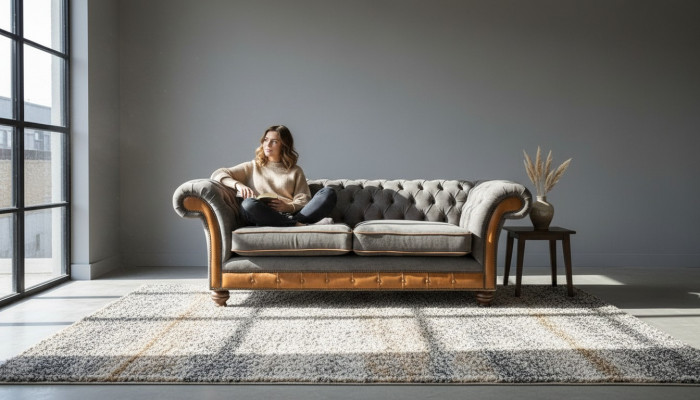 Canapé XXL 3 places Chesterfield Revêtement Siège Suite Cuir Textile Gris neuf