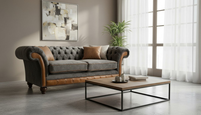 Canapé XXL 3 places Chesterfield Revêtement Siège Suite Cuir Textile Gris neuf