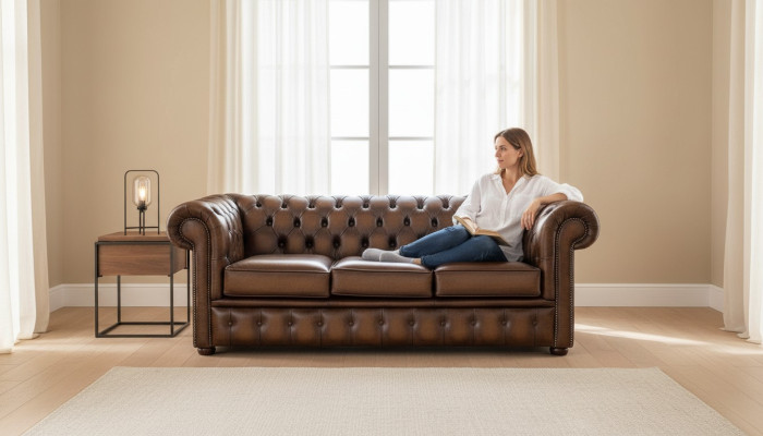 Canapé Chesterfield 3 places rembourré style antique en cuir et tissu.