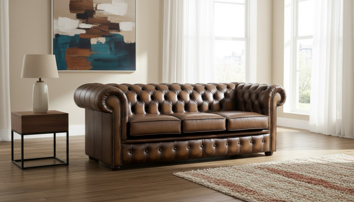 Canapé Chesterfield 3 places rembourré style antique en cuir et tissu.