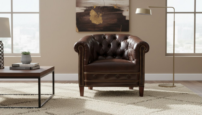 Fauteuil design 1 place en cuir brun textile de luxe canapé club lounge Chesterfield