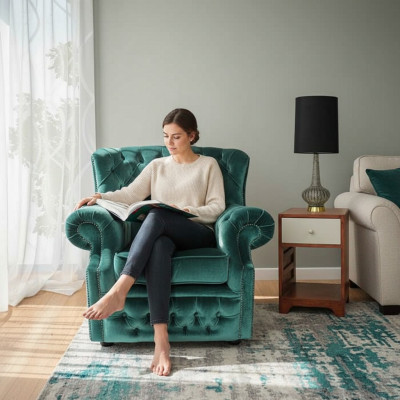 Fauteuil Chesterfield en velours vert, 1 place, canapé, sofa, fauteuil télé, nouveau.