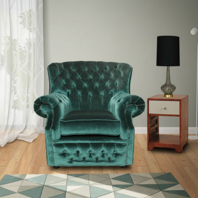 Fauteuil Chesterfield en velours vert, 1 place, canapé, sofa, fauteuil télé, nouveau.