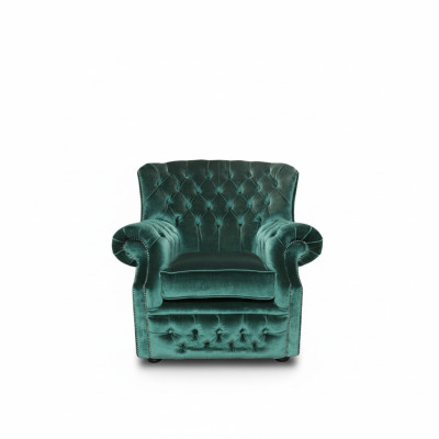 Fauteuil Chesterfield en velours vert, 1 place, canapé, sofa, fauteuil télé, nouveau.