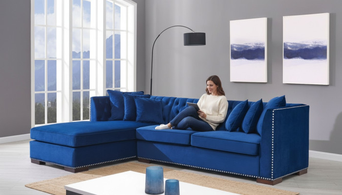Chesterfield Blue et Designer Canapé d'angle Canapé Suite Tissu Tissu Canapés