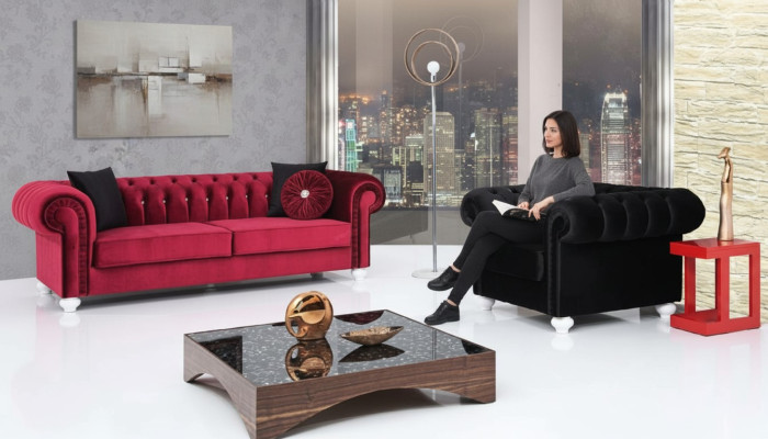 Ensemble de canapé 2 pièces 3+1 places Canapé en cuir Chesterfield Velours textile