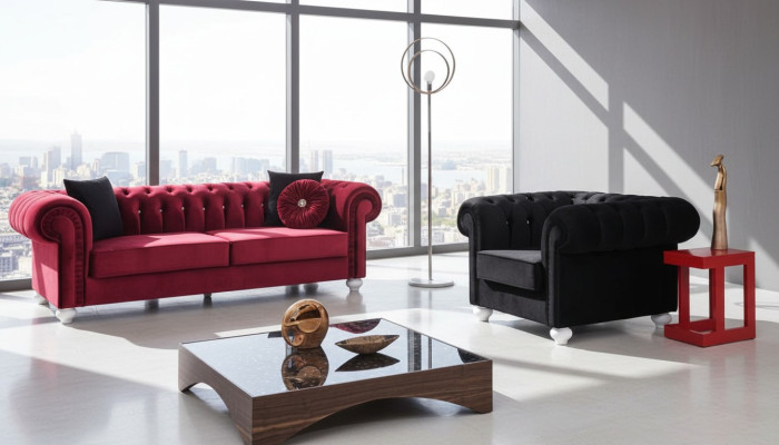 Ensemble de canapé 2 pièces 3+1 places Canapé en cuir Chesterfield Velours textile