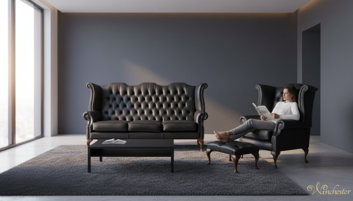 Canapé en cuir noir Chesterfield, ensemble d'ameublement de canapé 3+1 places avec fauteuil à ailes
