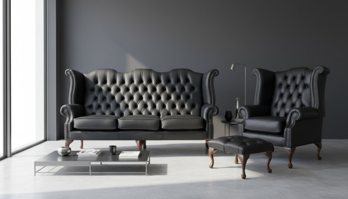Canapé en cuir noir Chesterfield, ensemble d'ameublement de canapé 3+1 places avec fauteuil à ailes