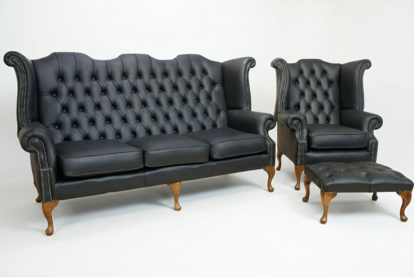 Canapé en cuir noir Chesterfield, ensemble d'ameublement de canapé 3+1 places avec fauteuil à ailes