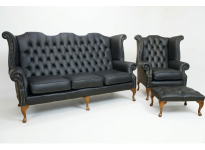 Canapé en cuir noir Chesterfield, ensemble d'ameublement de canapé 3+1 places avec fauteuil à ailes