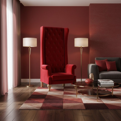 La chaise Voltaire est un exemple éblouissant du style classique anglais dans une riche tonalité rouge.