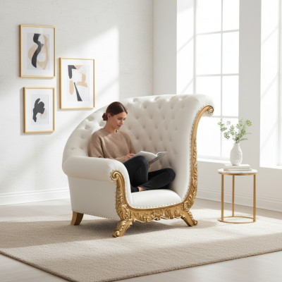Fauteuil trône royal en velours style antique Chesterfield 1 place rembourré en velours