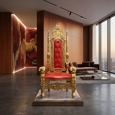 Un grand design d'une superbe chaise rouge avec des détails incroyables sur chaque élément décoratif de style baroque