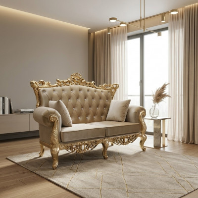 Canapé Chesterfield à deux places avec un siège Royal en velours capitonné et de style ancien.