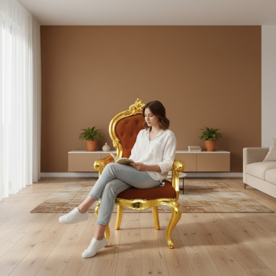 Chaise baroque élégante dans sa couleur orange originale avec des supports brillants de couleur or.