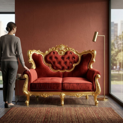 Chic canapé 2 places avec une combinaison de couleurs vives d'un élégant rouge et d'un ton or brillant de style baroque