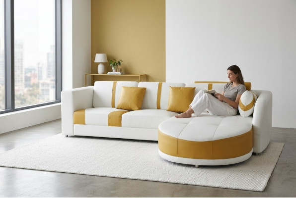 Canapé d'angle en cuir avec revêtement rembourré, assise moderne pour salon, mobilier de design.