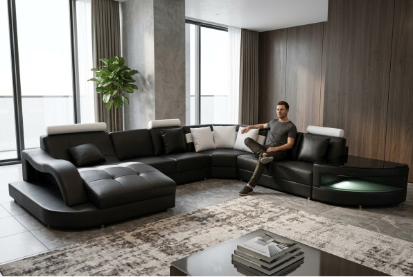 Canapés en cuir Salon Paysage d'angle Design de Suite Moderne en U-forme + Table