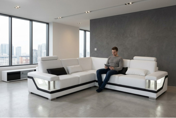 Canapé en cuir Canapé Paysage vivant Suite d'angle Design Moderne Canapé d'angle en L-forme L6002