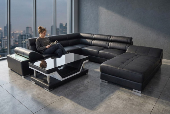 Canapé en cuir Canapé Canapé d'angle Suite design moderne en U en cuir