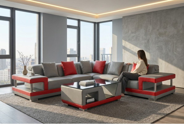 Canapé en cuir Canapé Salon Paysage d'angle Suite Déco Design Canapé Moderne en forme de L