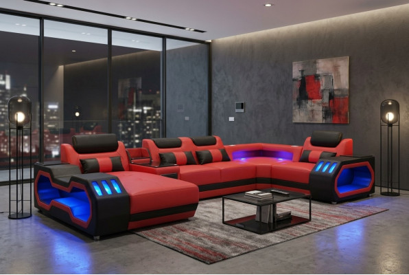Canapé en cuir Canapé Canapé en coin Salon d'angle Design Moderne Canapé en U Canapé rouge