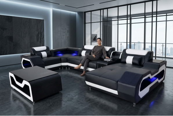 Canapé d'angle en cuir, design de suite moderne pour salon avec table basse en forme de U, nouveau modèle G8046.