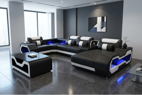 Canapé d'angle en cuir, design de suite moderne pour salon avec table basse en forme de U, nouveau modèle G8046.