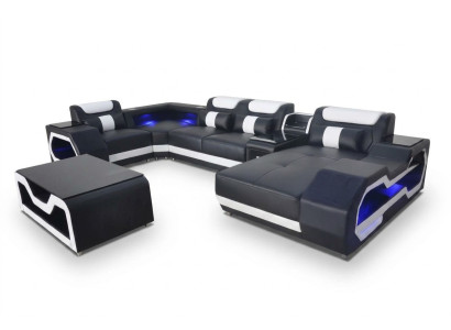 Canapé d'angle en cuir, design de suite moderne pour salon avec table basse en forme de U, nouveau modèle G8046.