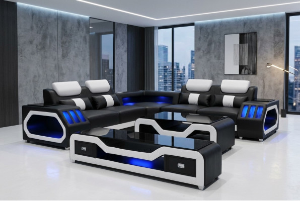 Canapé en cuir paysage vivant Suite d'angle Design Canapé moderne en L-table G8046