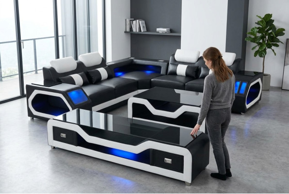 Ensemble de canapé en cuir composé de 3 pièces: canapé d'angle avec revêtement, table et meuble TV en forme de L, neuf.
