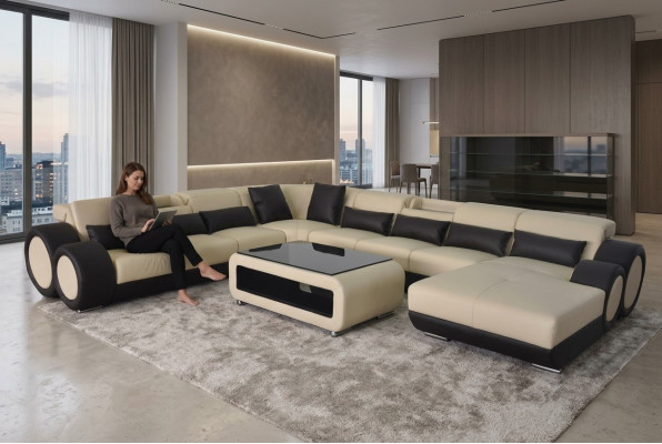 Canapé en cuir Salon paysager Suite Design Moderne Canapé d'angle en forme de U Chaise G8035