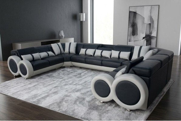 Canapé d'angle en cuir moderne avec design de suite de canapé, de forme U, paysage de vie.