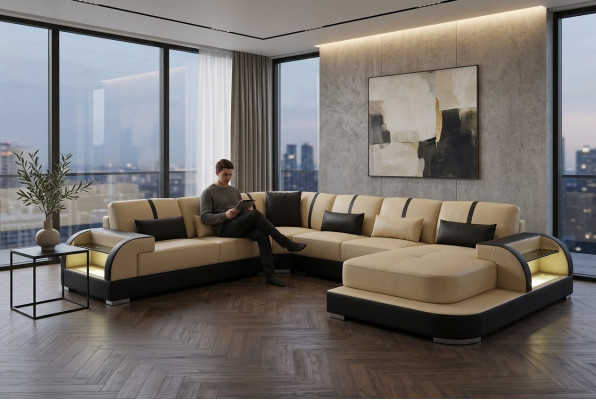 Revêtement de canapé en cuir Coin de siège Suite d'angle Design moderne Canapés Paysage de vie Forme en U