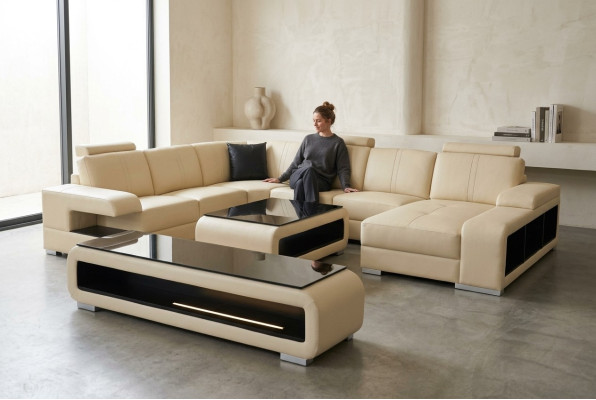 Canapé en cuir Paysage de vie Suite Design Moderne Canapé d'angle en U Table Meuble TV G8028