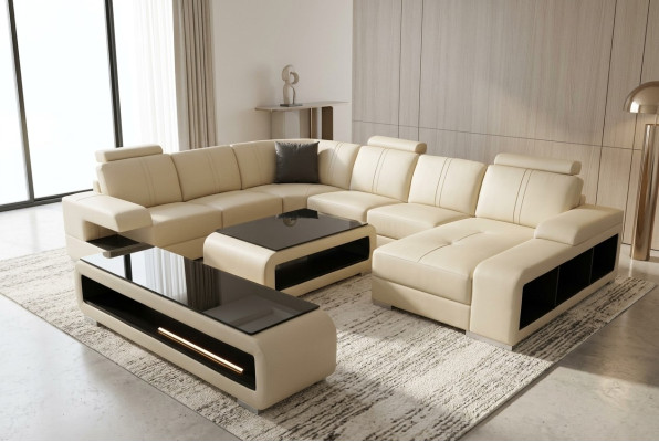 Canapé en cuir Paysage de vie Suite Design Moderne Canapé d'angle en U Table Meuble TV G8028