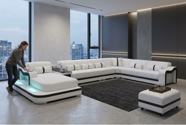 Canapé en cuir Siège rembourré Salon paysage Design Moderne Canapé d'angle en suite en U