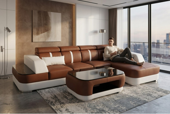 Canapé en cuir Assise Rembourrage Design Moderne Canapé d'angle Suite Salon Paysage de vie + Table
