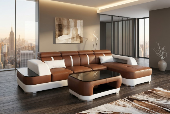 Canapé en cuir Assise Rembourrage Design Moderne Canapé d'angle Suite Salon Paysage de vie + Table