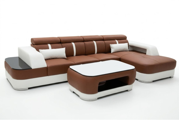 Canapé en cuir Assise Rembourrage Design Moderne Canapé d'angle Suite Salon Paysage de vie + Table
