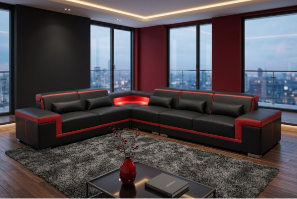 Canapé d'angle XXL en cuir, suite de vie en paysage, design de canapé moderne en L G8020B