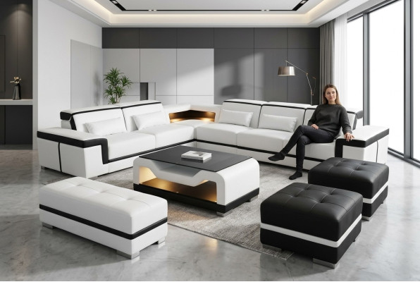 Canapé en cuir canapé coin moderne salon suite paysage table tabouret G8020B