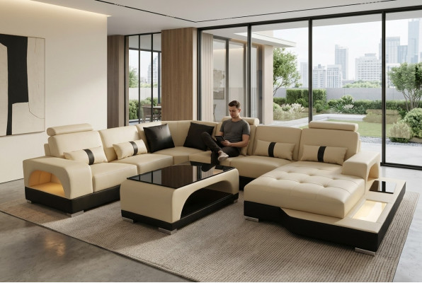 Canapé en cuir Design de siège de sofa moderne + Table Canapés d'angle Salon paysager